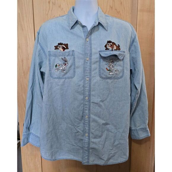VTG Looney Tunes Embroidered Denim Shirt Featuring Bugs Bunny & Taz Characters - Picture 1 of 11